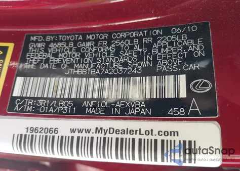 2010 Lexus Hs 250H z USA, uszkodzony, nr VIN JTHBB1BA7A2037243